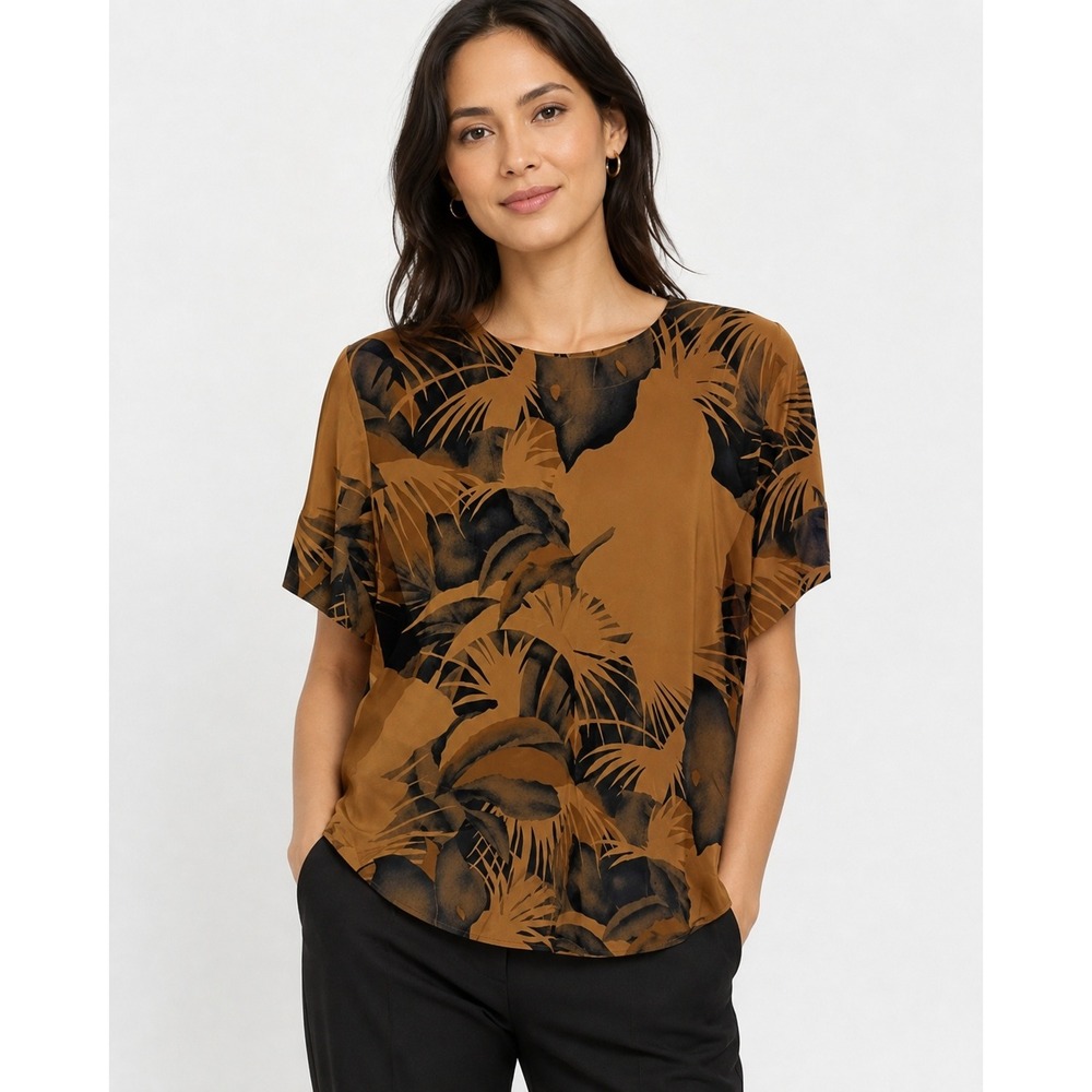 Jones New York Silk Blouse 4 Tan Black Tropical Palm Leaf Vintage 90s Top